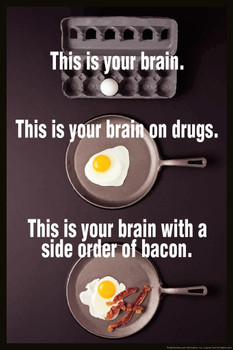Laminated This is Your Brain On Drugs With A Side of Bacon Funny Poster Dry Erase Wall Art 24x36
