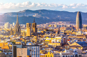 Laminated Barcelona Spain City Skyline At Sunset Photo Poster Dry Erase Wall Art 36x24