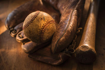 Laminated Antique Baseball Glove and Bat Photo Art Print Poster Dry Erase Wall Art 36x24