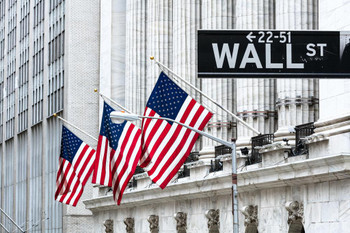 Laminated New York Stock Exchange NYSE Wall Street New York City NYC Building American Flags USA Patriotic Photo Photograph Poster Dry Erase Wall Art 36x24
