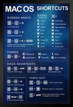 Keyboard OS Shortcuts Reference Chart Laptop Computer Blue Educational Classroom Teacher Learning Homeschool Display Supplies Teaching Aide Black Wood Framed Art Poster 14x20