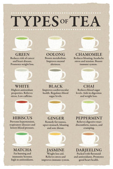 Types of Tea Chart Poster Health Benefits Diagram Varieties Infographic Like Coffee Drink Kitchen Cafe Decoration Beige Cool Huge Large Giant Poster Art 36x54