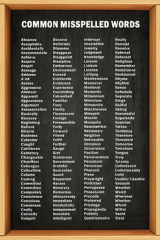 Common Misspelled Words Classroom Spelling Chart Poster Writing Reference Educational Grammar English Class Chalkboard Style Sight Words For High School Cool Wall Decor Art Print Poster 12x18