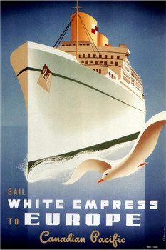 Laminated Canadian Pacific Sail White Empress to Europe Canada Cruise Ship Vintage Travel Ad Atlantic Ocean Advertisement Poster Dry Erase Sign 12x18