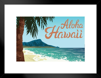 Waikiki Beach Oahu Island Aloha Hawaii Palm Tree Surf Vintage Matted Framed Art Print Wall Decor 20x26 inch