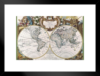 Mappe Monde Nouvelle Antique World Map 1744 Vintage French Designed All Continents Countries Europe United States France Cartography Globe Earth Matted Framed Art Wall Decor 20x26