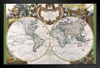 Mappe Monde Nouvelle Antique World Map 1744 Vintage French Designed All Continents Countries Europe United States France Cartography Globe Earth Black Wood Framed Art Poster 14x20