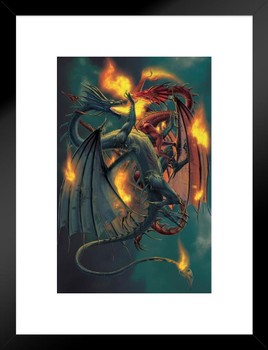 Clash of the Titans Fire Breathing Dragons Fighting by Vincent Hie Fantasy Poster Red Green Dragon Matted Framed Art Wall Decor 20x26