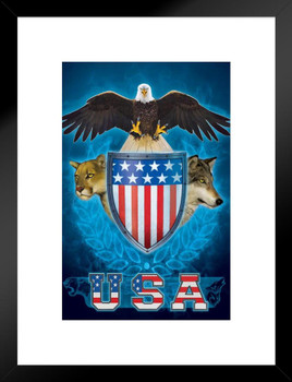 USA Trinity Bald Eagle Lion Wolf Shield by Vincent Hie Strength Matted Framed Art Print Wall Decor 20x26 inch