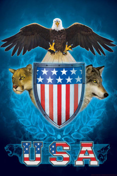 USA Trinity Bald Eagle Lion Wolf Shield by Vincent Hie Strength Art Print Cool Huge Large Giant Poster Art 36x54