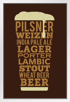 Types of Beer Glass Retro Style White Wood Framed Poster 14x20