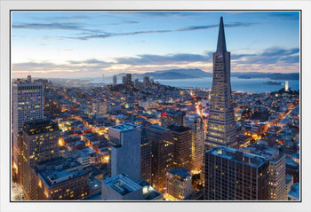 San Francisco California Skyline at Sunset Photo Photograph White Wood Framed Poster 20x14