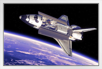 Space Shuttle In Space Orbiting Earth Bay Doors Open Rendering Photo White Wood Framed Poster 20x14