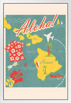 Aloha Retro Hawaiian Vintage Travel White Wood Framed Poster 14x20
