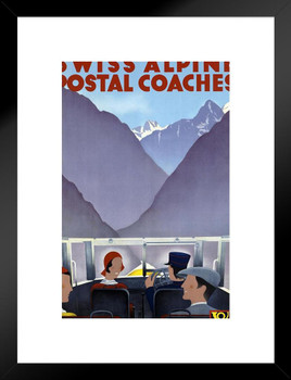 Swiss Alpine Postal Coaches Bus Driving Alps Mountains Switzerland Vintage Travel Matted Framed Wall Decor Art Print 20x26