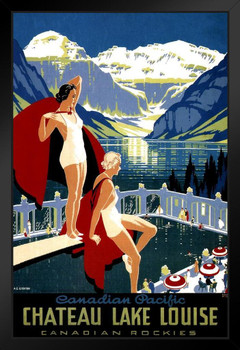 Canada Chateau Lake Louise Banff National Park Summer Vacation Swimming Pool Vintage Illustration Travel Black Wood Framed Poster 14x20