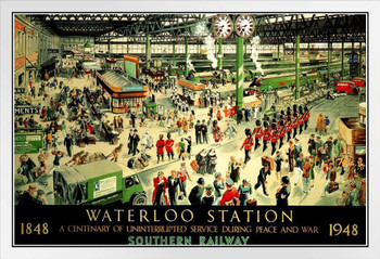 Waterloo Station London England National Rail Network Railroad Terminal 1848 100 Year Anniversary Vintage Travel White Wood Framed Poster 14x20