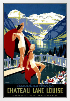 Canada Chateau Lake Louise Banff National Park Summer Vacation Swimming Pool Vintage Illustration Travel White Wood Framed Poster 14x20
