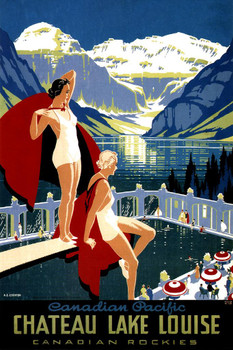 Laminated Canada Chateau Lake Louise Banff National Park Summer Vacation Swimming Pool Vintage Illustration Travel Poster Dry Erase Sign 24x36