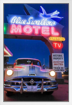 Vintage Pontiac in Motel Parking Lot at Night Photo Photograph White Wood Framed Poster 14x20