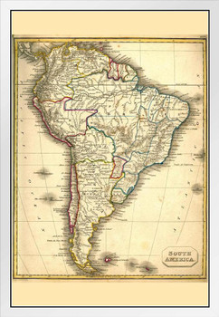 South America Antique Style Map Travel World Map with Cities in Detail Map Posters for Wall Map Art Wall Decor Geographical Illustration Travel Destinations White Wood Framed Art Poster 14x20