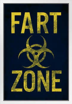 Warning Sign Biohazard Fart Zone Gas Range Attack College Humor Mancave Blue White Wood Framed Poster 14x20