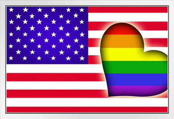 Flags of Gay Pride LGBT Rainbow and USA United States White Wood Framed Poster 20x14