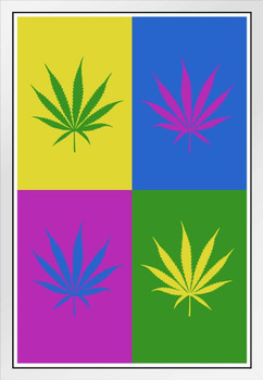 Marijuana Weed Pot Cannabis Joint Blunt Bong Leaves Pop Art Bright Room Dope Gifts Guys Propaganda Smoking Stoner Reefer Stoned Sign Buds Pothead Dorm Walls White Wood Framed Art Poster 14x20