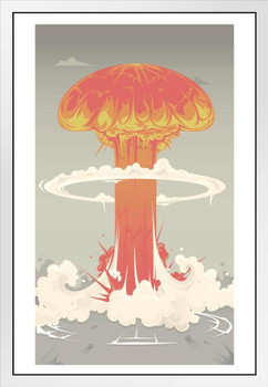 Atomic Bomb Mushroom Cloud Cartoon Trippy Explosion White Wood Framed Art Poster 14x20