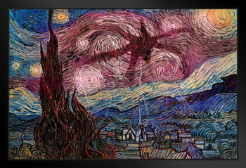 Spooky Starry Night Van Gogh Painting Parody Horror SciFi Strange Monster Hand Scary Thing Black Wood Framed Art Poster 14x20