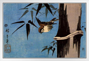 Utagawa Hiroshige Sparrow And Bamboo Japanese Art Poster Traditional Japanese Wall Decor Hiroshige Woodblock Landscape Artwork Animal Nature Asian Print Decor White Wood Framed Art Poster 20x14