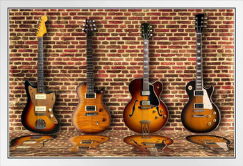 Four Electric Guitars Arranged on Brick Wall Photo Photograph White Wood Framed Poster 20x14