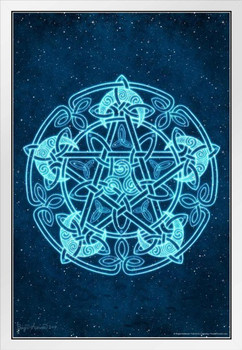 Celtic Moon Pentacle by Brigid Ashwood Fantasy Art Wall Decor Nature Tarot Illustration Celtic Ornate Wall Art Flower Knot Pattern Spiritual Art Print Decorative White Wood Framed Art Poster 14x20