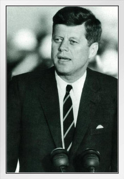 John Fitzgerald Kennedy JFK Speech Black & White Photograph White Wood Framed Poster 14x20