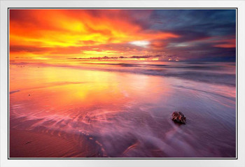 Illuminated Tranquil Beach at Sunet Photo Photograph White Wood Framed Poster 20x14