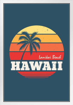 Lanikai Beach Hawaii Palm Tree Sunset Retro Travel White Wood Framed Poster 14x20