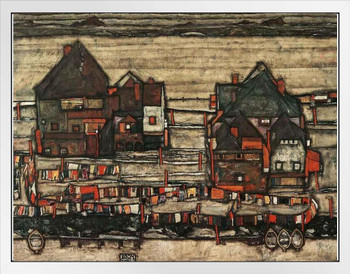 Egon Schiele Houses With Laundry Suburb Fine Art Print Schiele Wall Art Cubism Expressionism Artwork Style Abstract Symbolist Oil Painting Canvas Home Decor White Wood Framed Art Poster 14x20