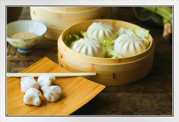 Asian Dumpling in Steamer with Cabbage Photo Photograph White Wood Framed Poster 20x14