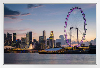 Singapore Flyer Ferris Wheel and Skyline Sunset Photo Photograph White Wood Framed Poster 20x14