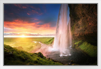 Seljalandsfoss Waterfall at Sunset Iceland Photo White Wood Framed Poster 14x20