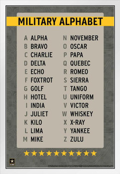Official Military Alphabet Reference Chart Phonetic USA Family American Veteran Motivational Patriotic Alpha Bravo Charlie to Zulu A to Z White Wood Framed Art Poster 14x20