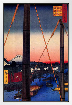 Utagawa Hiroshige Inari Bridge Minato Shrine Teppozu Japanese Art Poster Traditional Japanese Wall Decor Hiroshige Woodblock Landscape Artwork Nature Asian Print White Wood Framed Art Poster 14x20