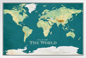 ProMaps Map of the World Vintage Style Blue Travel World Map with Cities in Detail Map Posters for Wall Map Art Wall Decor Geographical Illustration Travel White Wood Framed Art Poster 14x20