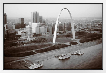 Aerial View of Gateway Arch and Riverfront Saint Louis Missouri B&W Photo Photograph White Wood Framed Poster 20x14