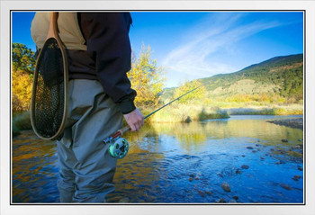 Fly Fisherman Standing in Stream Photo Photograph White Wood Framed Poster 20x14