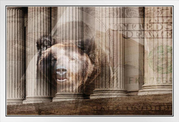 Bear Money Wall Street Columns 100 Dollar Bill Photo Photograph White Wood Framed Poster 20x14