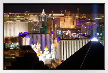 Las Vegas Nevada Strip Cityscape Illuminated at Night Luxor Excalibur Photo Photograph White Wood Framed Poster 20x14