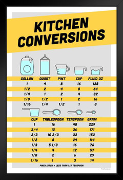 Kitchen Conversion Chart Measurements Scale Measuring Reference Cups Ounces Oz Grams Scale Weigh Convert Cooking Kitchen Decor Educational Learning Display Black Wood Framed Art Poster 14x20