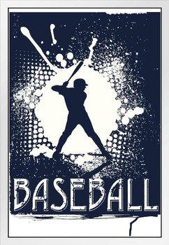 Baseball Player at Bat Illustration White Wood Framed Poster 14x20