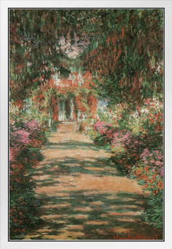 Claude Monet Garden Path At Giverny French Impressionist Master Painter Painting Flowers Bridge Lily Pads White Wood Framed Art Poster 14x20